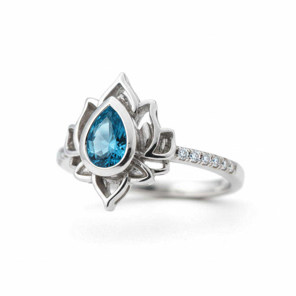Bague lotus bleue 3/4 fond blanc