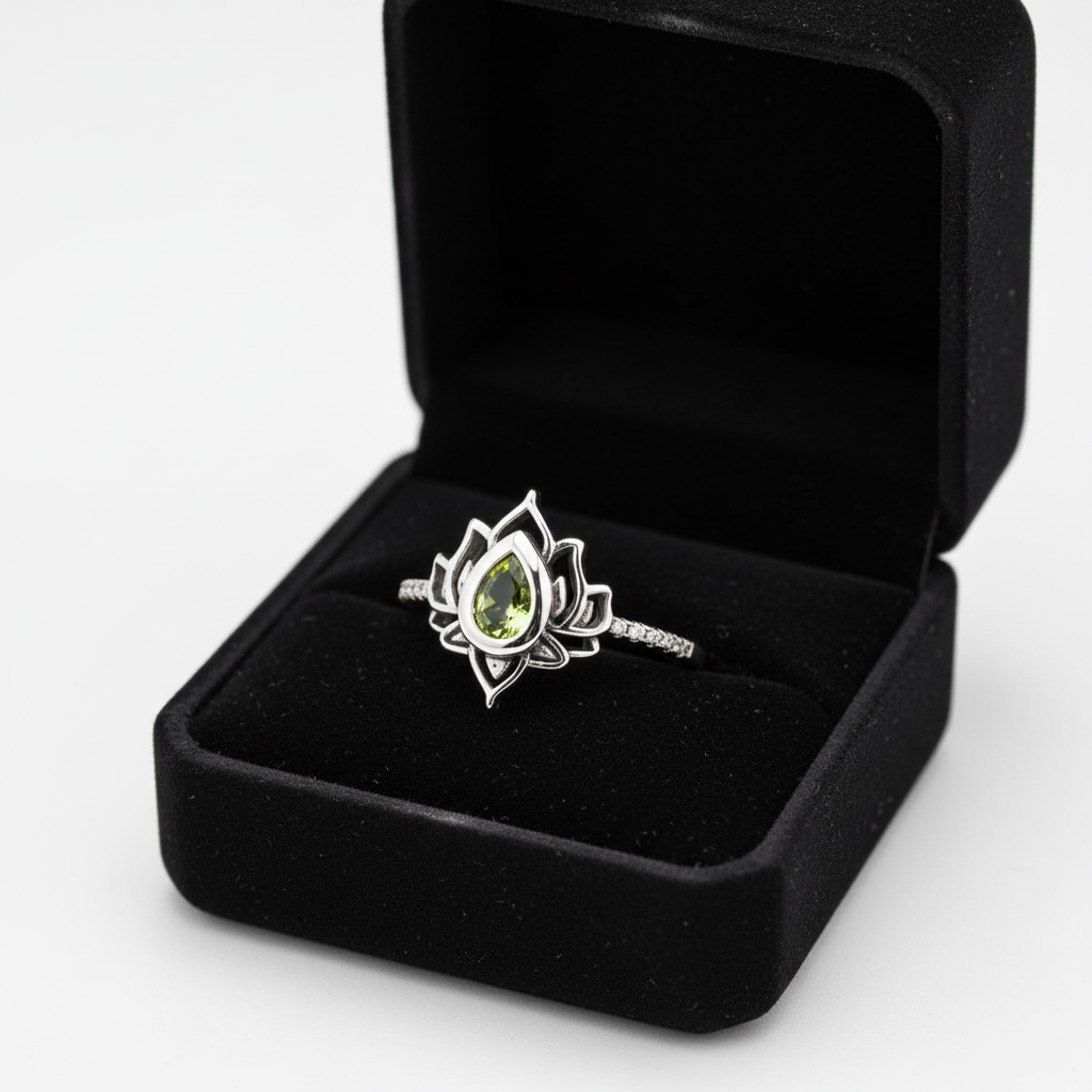 Bague lotus verte en écrin