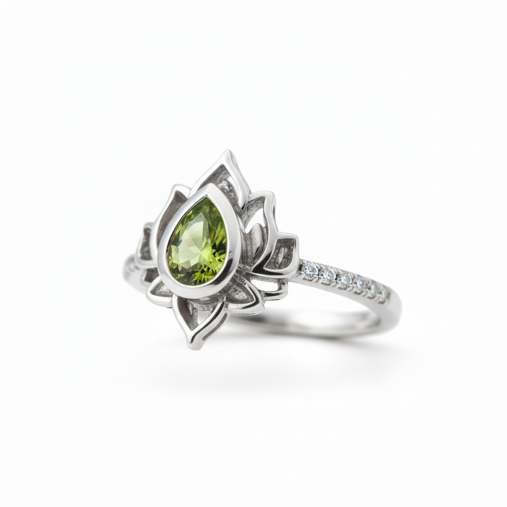 Bague lotus verte fond blanc 3/4