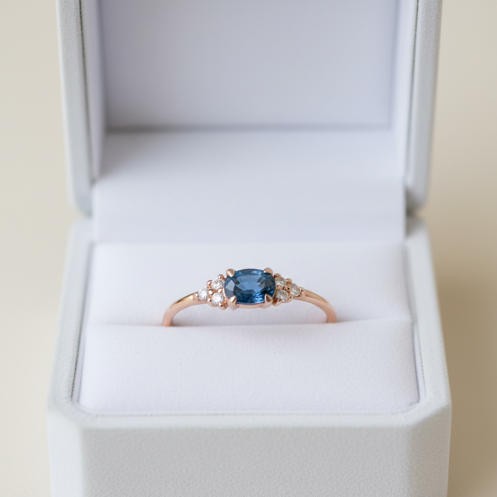 Bague Serene or rose pierre bleue horizontale - écrin