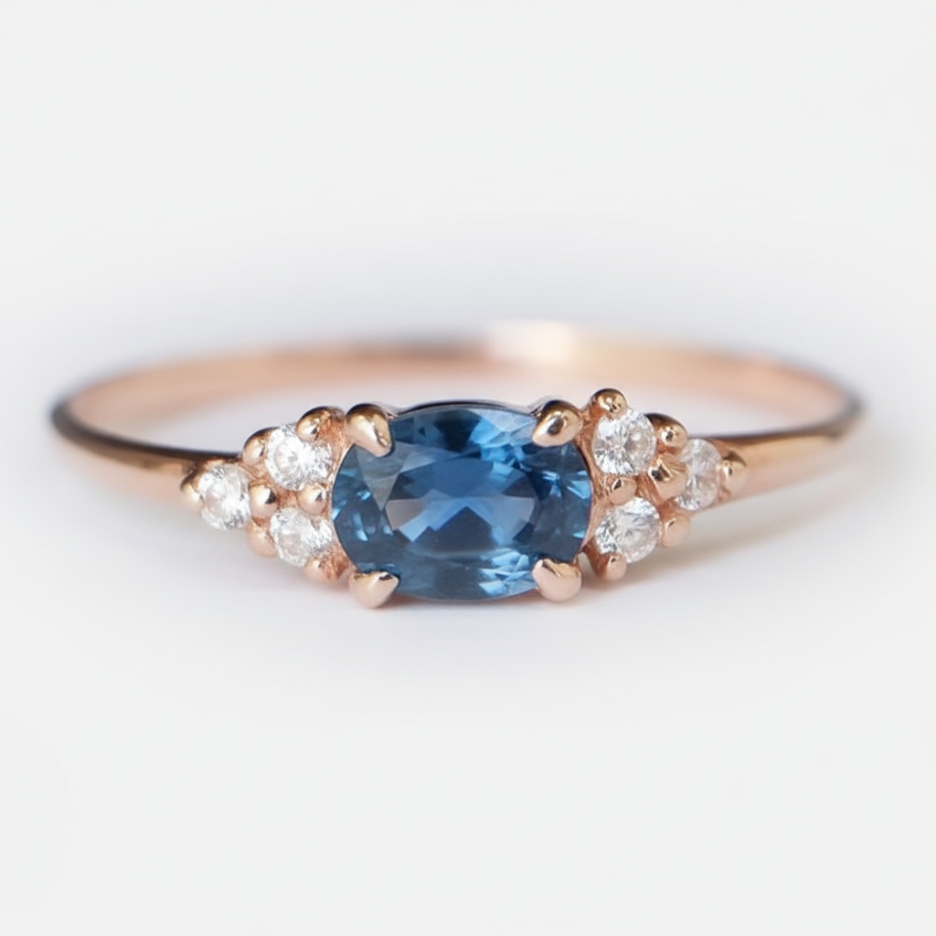 Bague Serene or rose pierre bleue horizontale - fond blanc