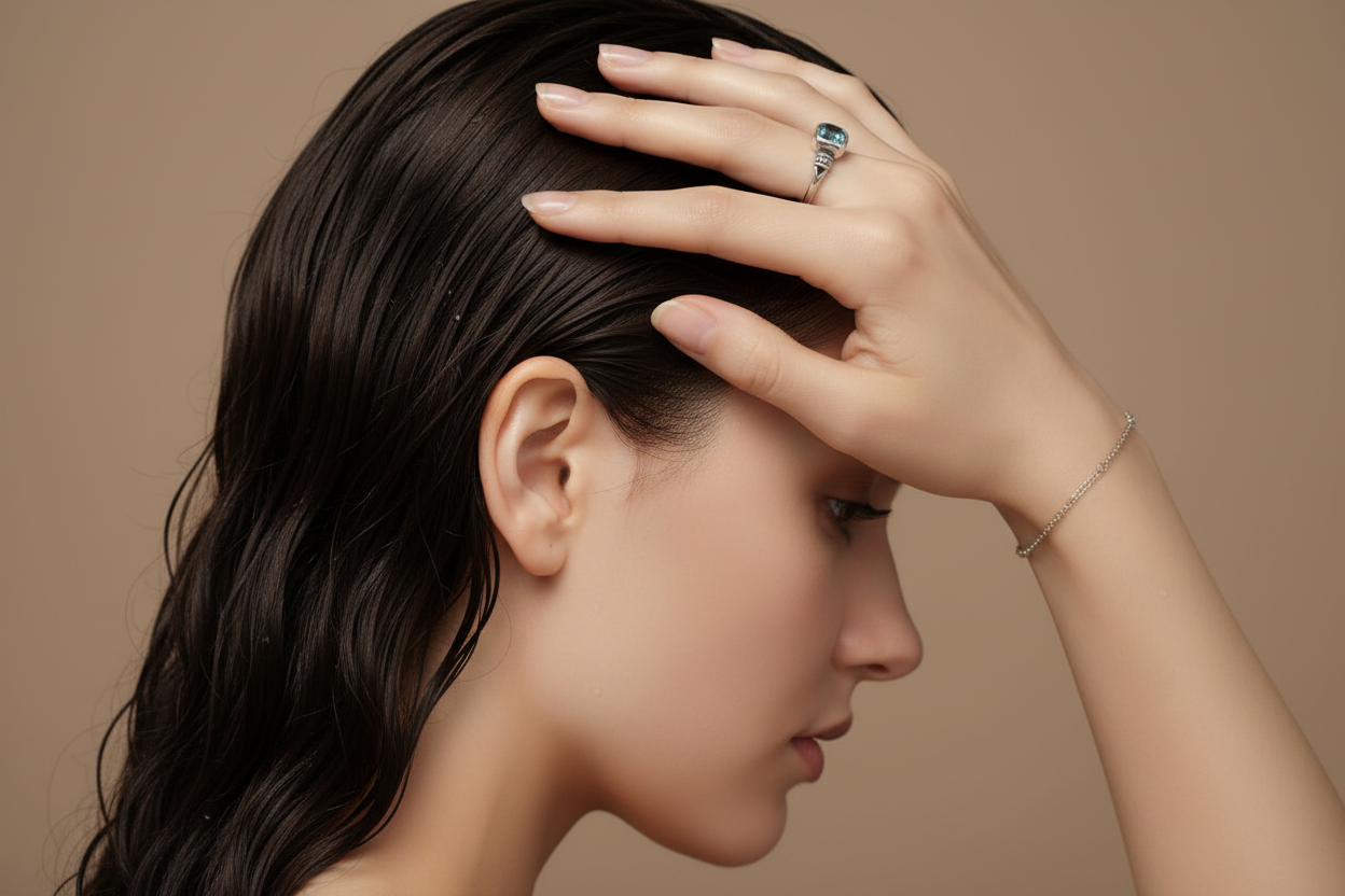 Main sur cheveux mouillés